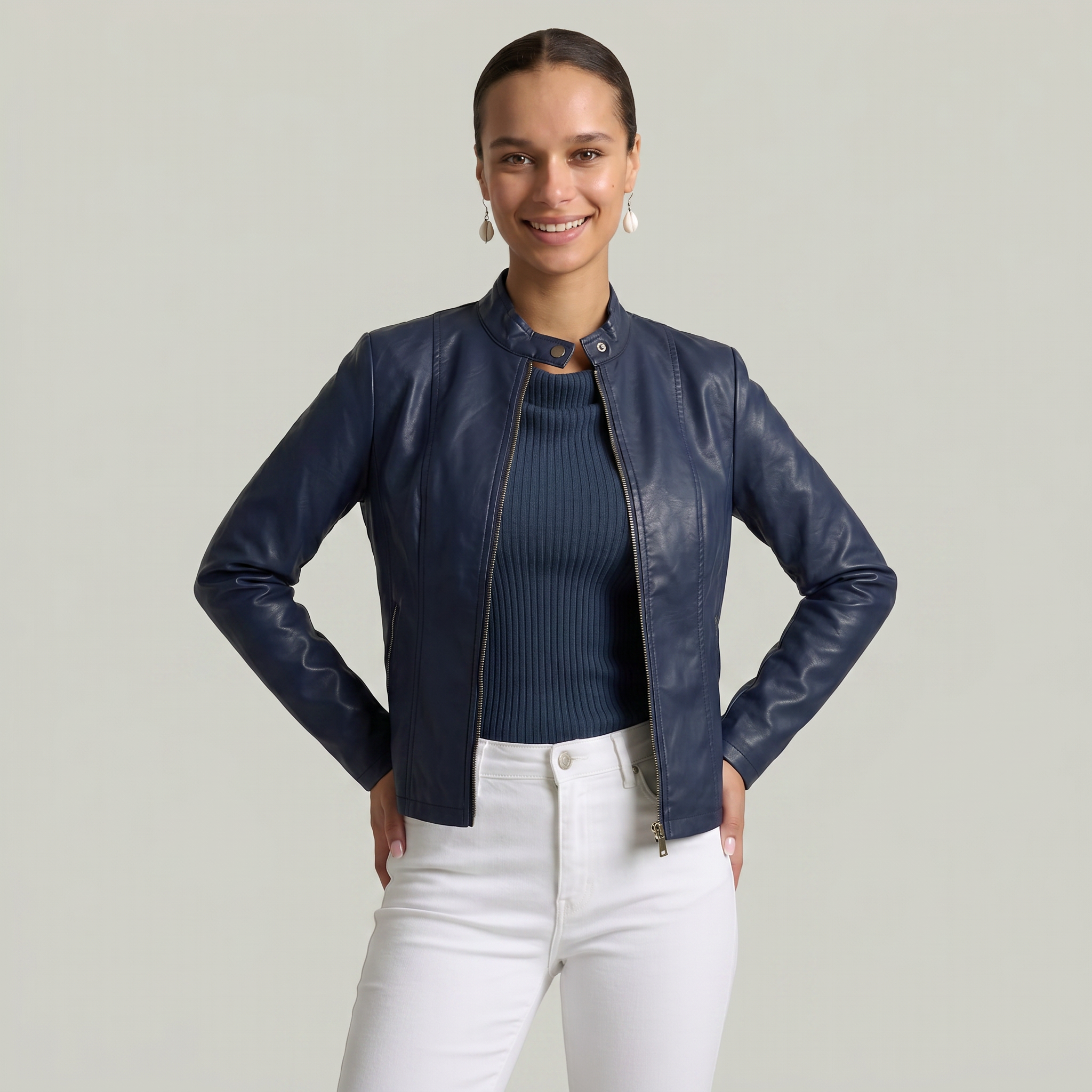 Women’s Faux Leather Jacket - Full Zip Long Sleeve Slim Fit