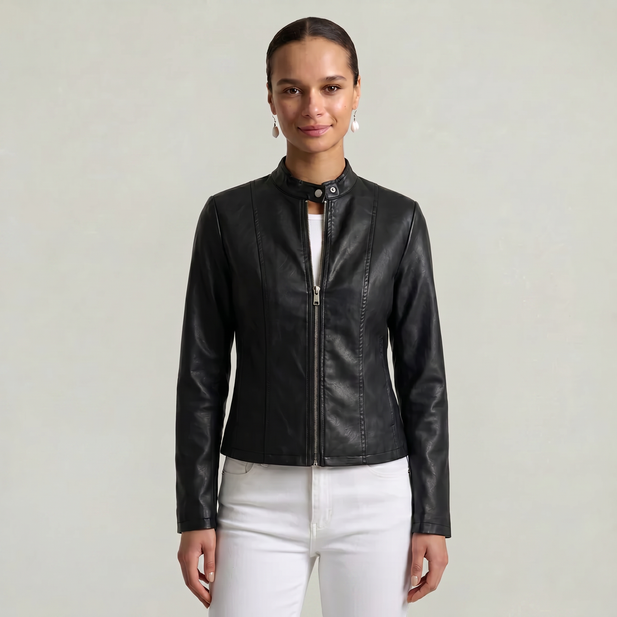 Women’s Faux Leather Jacket - Full Zip Long Sleeve Slim Fit