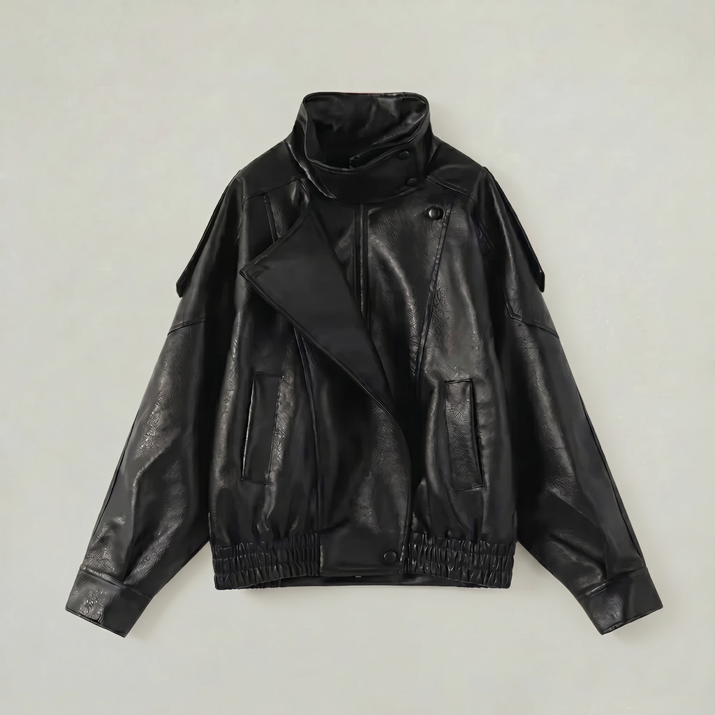 Women’s Faux Leather Stand Neck Jacket - Elastic Hem Loose Cropped Fit