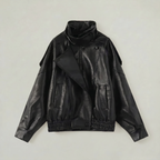 Women’s Faux Leather Stand Neck Jacket - Elastic Hem Loose Cropped Fit