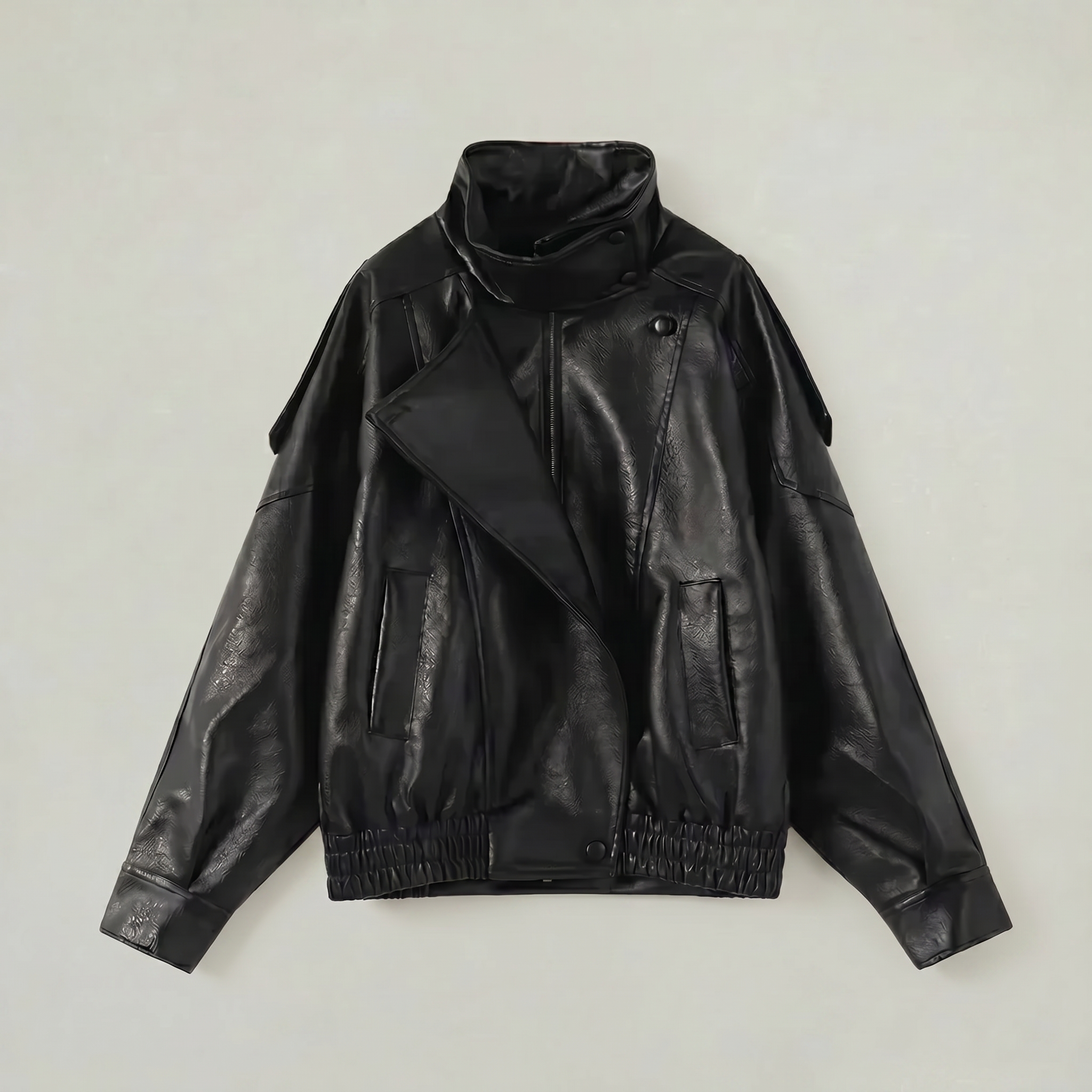 Women’s Faux Leather Stand Neck Jacket - Elastic Hem Loose Cropped Fit