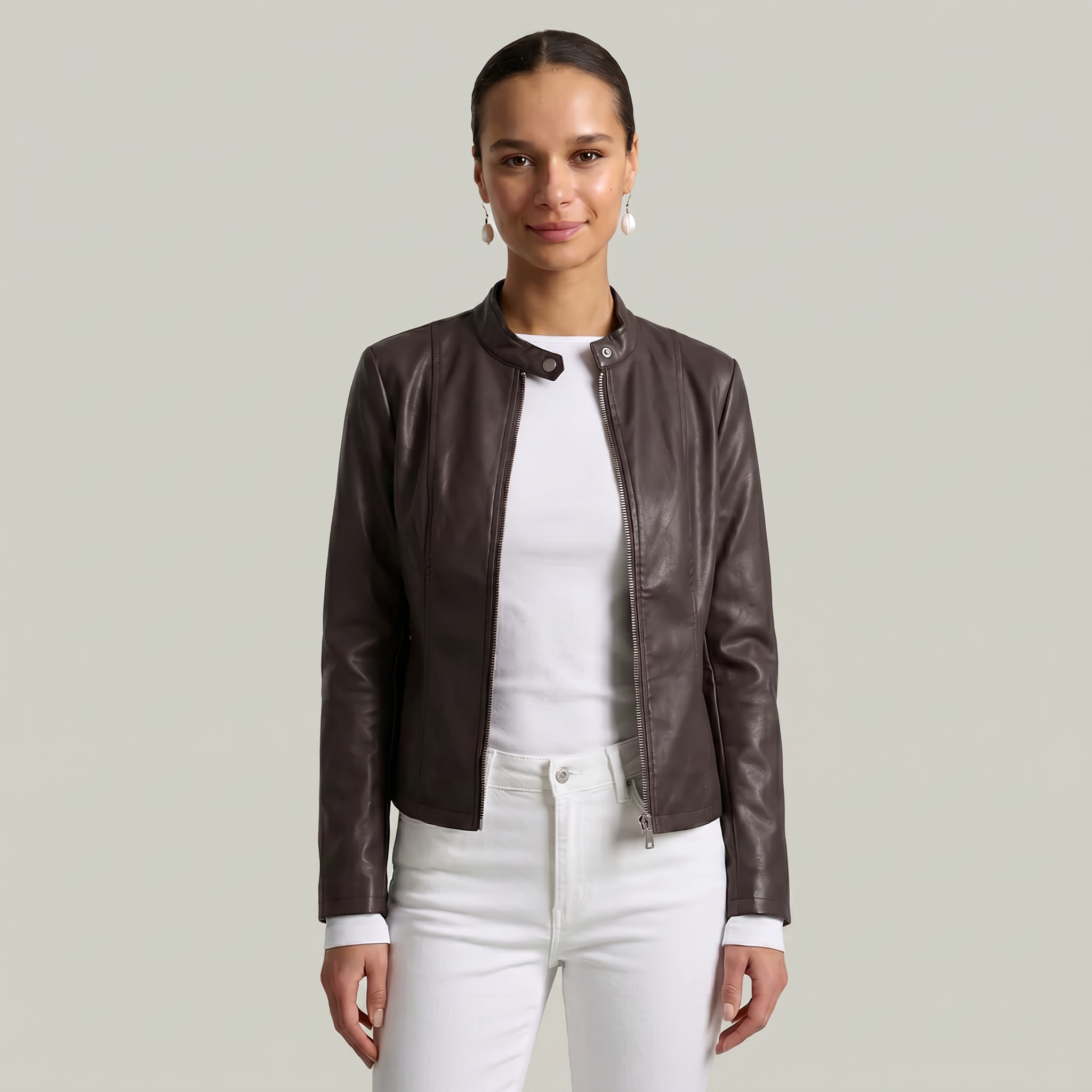 Women’s Faux Leather Jacket - Full Zip Long Sleeve Slim Fit