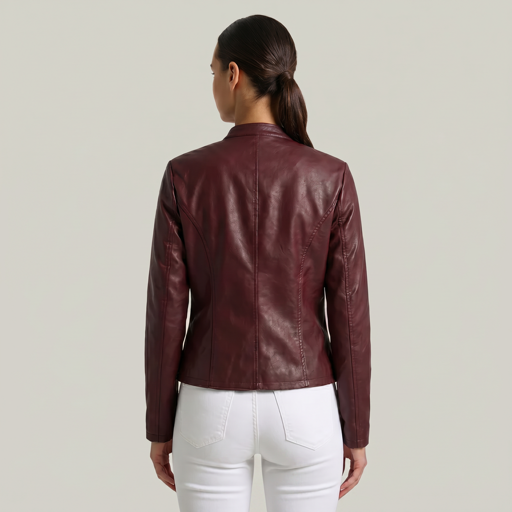 Women’s Faux Leather Jacket - Full Zip Long Sleeve Slim Fit
