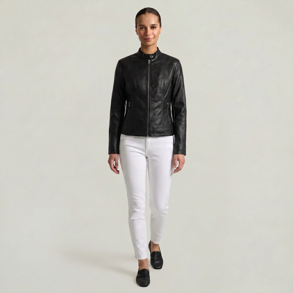 Women’s Faux Leather Jacket - Full Zip Long Sleeve Slim Fit
