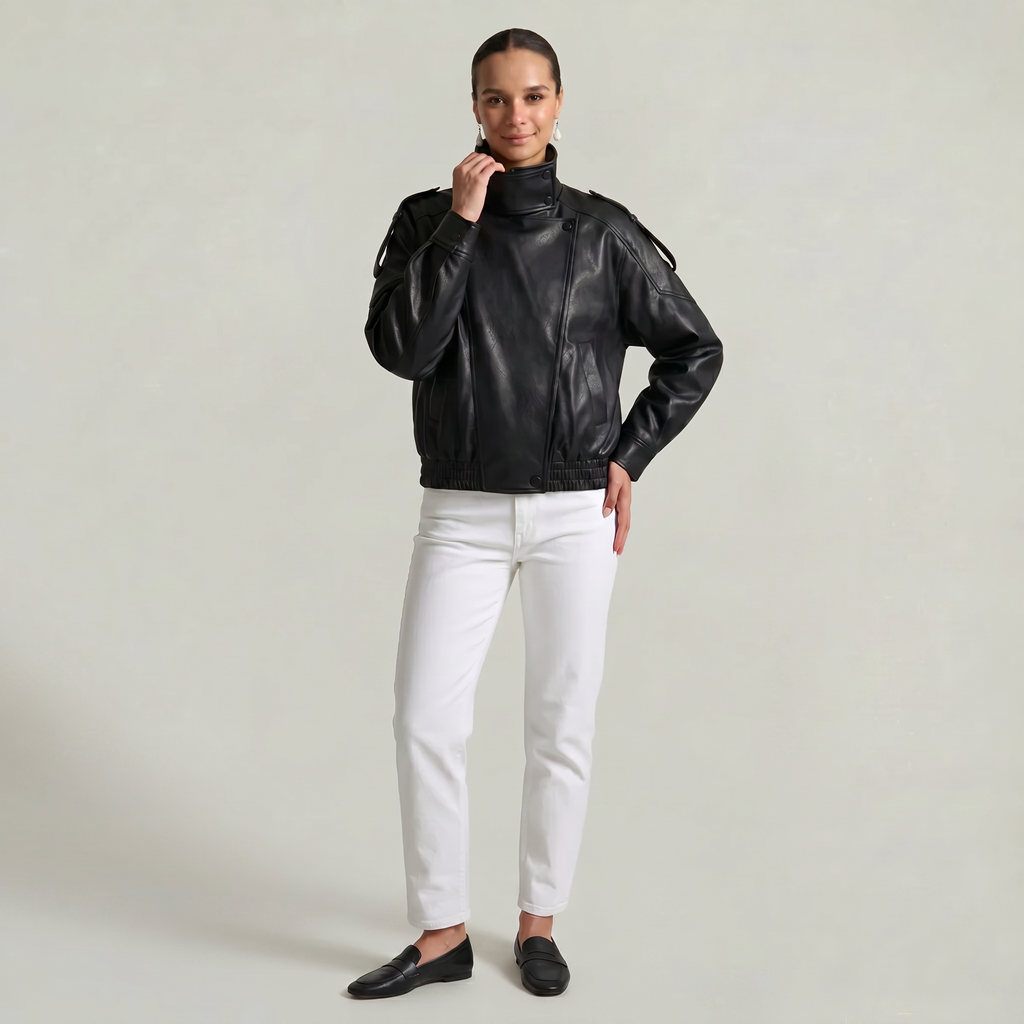 Women’s Faux Leather Stand Neck Jacket - Elastic Hem Loose Cropped Fit