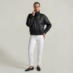 Women’s Faux Leather Stand Neck Jacket - Elastic Hem Loose Cropped Fit