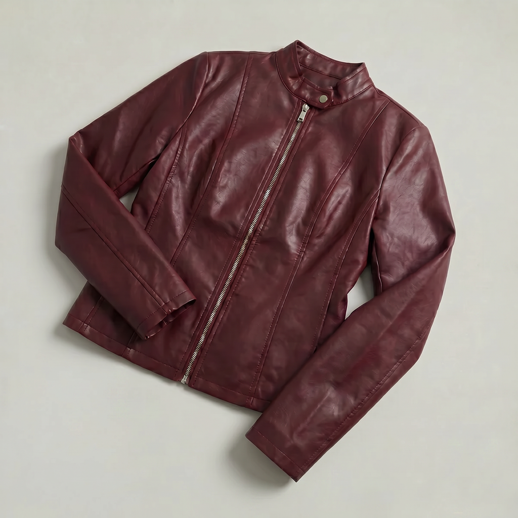 Women’s Faux Leather Jacket - Full Zip Long Sleeve Slim Fit