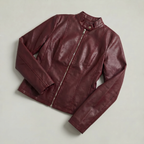 Women’s Faux Leather Jacket - Full Zip Long Sleeve Slim Fit