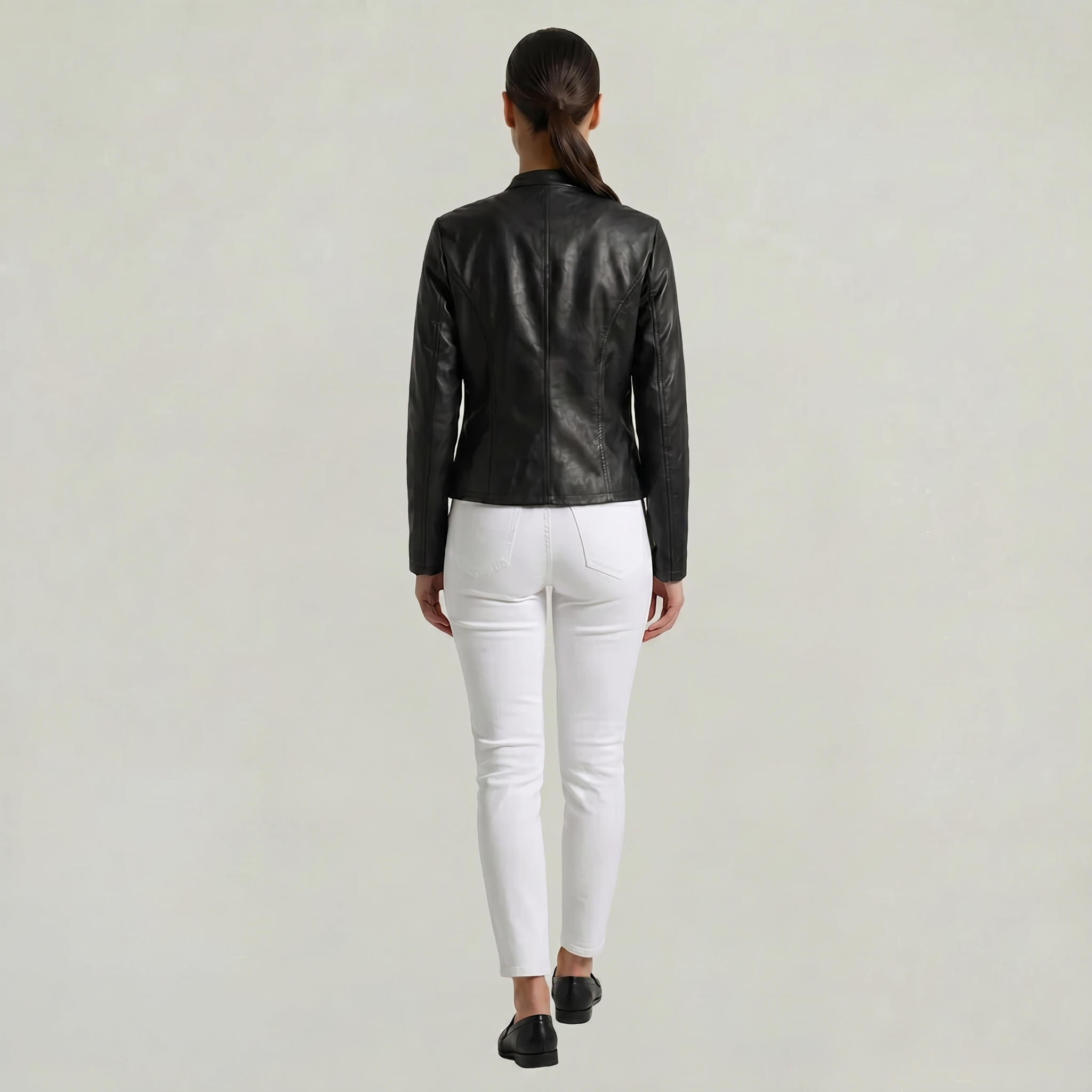 Women’s Faux Leather Jacket - Full Zip Long Sleeve Slim Fit