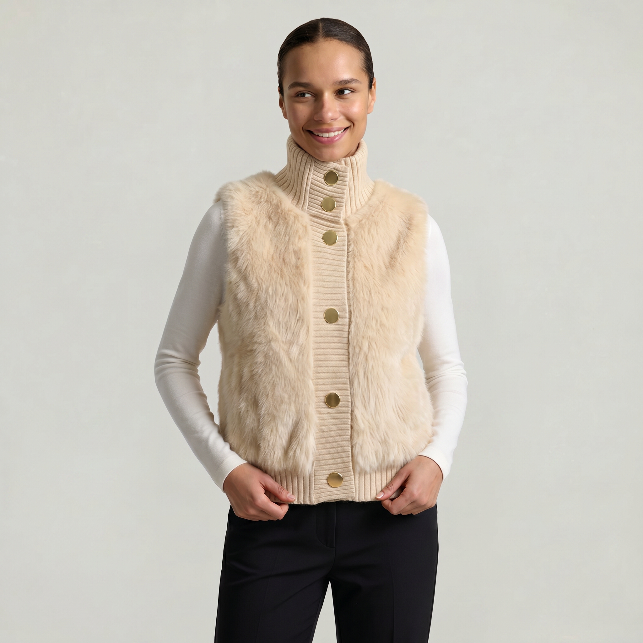 Women’s Faux Fur Vest - Button Front High Neck Fit