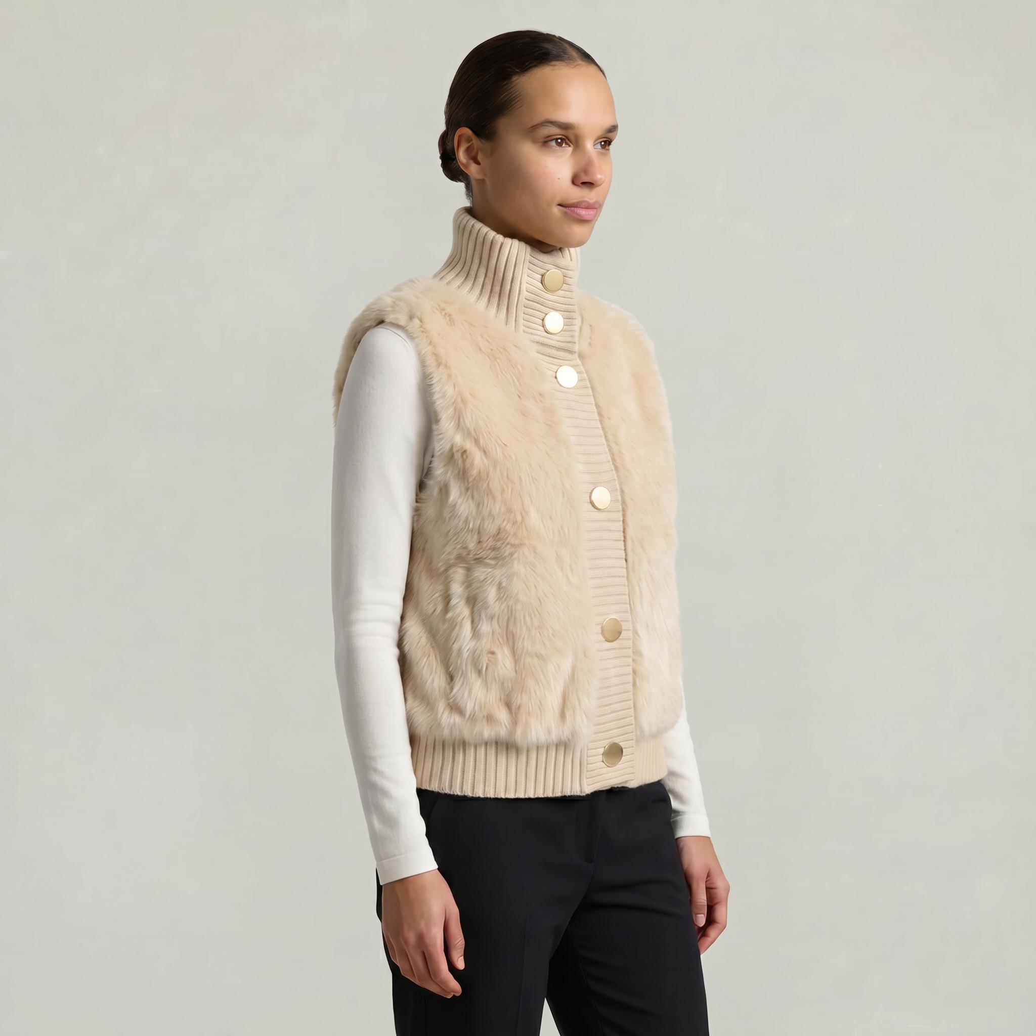 Women’s Faux Fur Vest - Button Front High Neck Fit