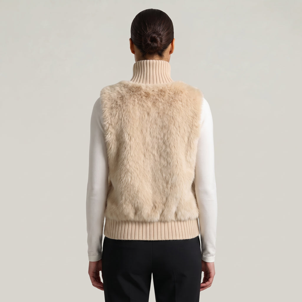 Women’s Faux Fur Vest - Button Front High Neck Fit