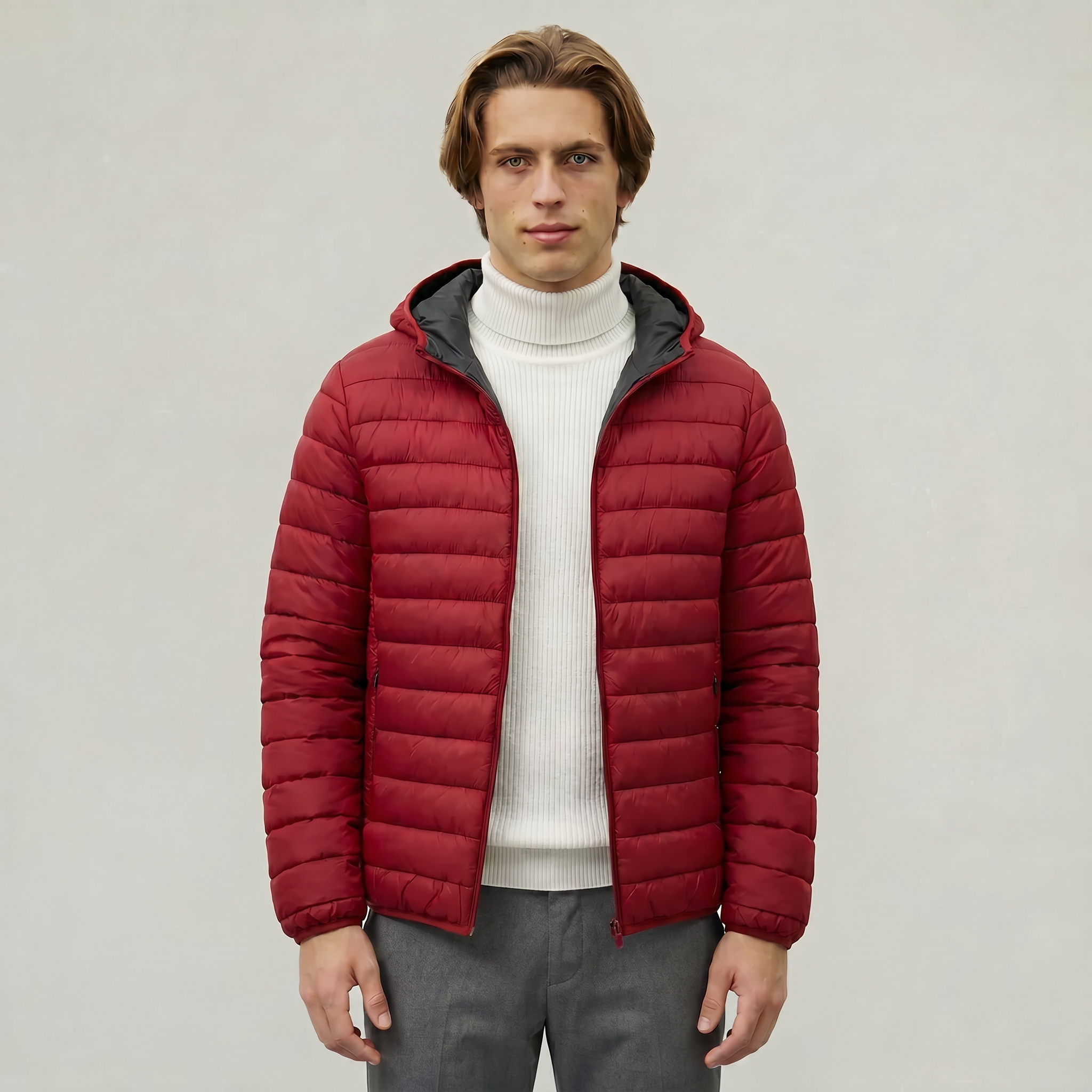 Men’s Hooded Puffer Jacket - Full Zip Lightweight Fit