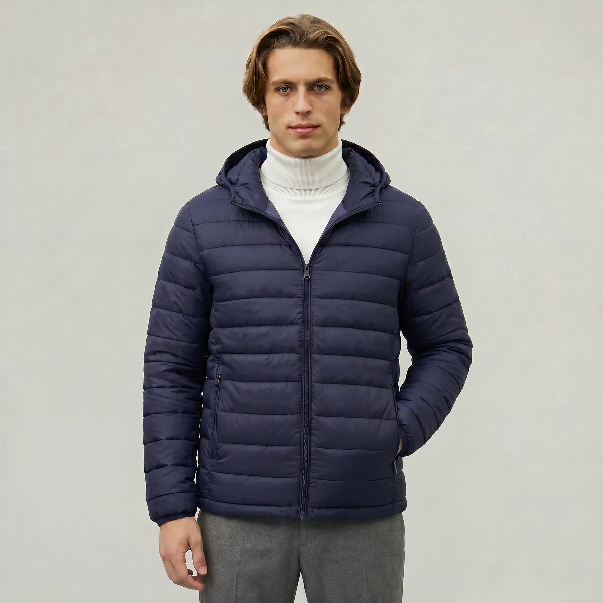 Men’s Hooded Puffer Jacket - Full Zip Lightweight Fit