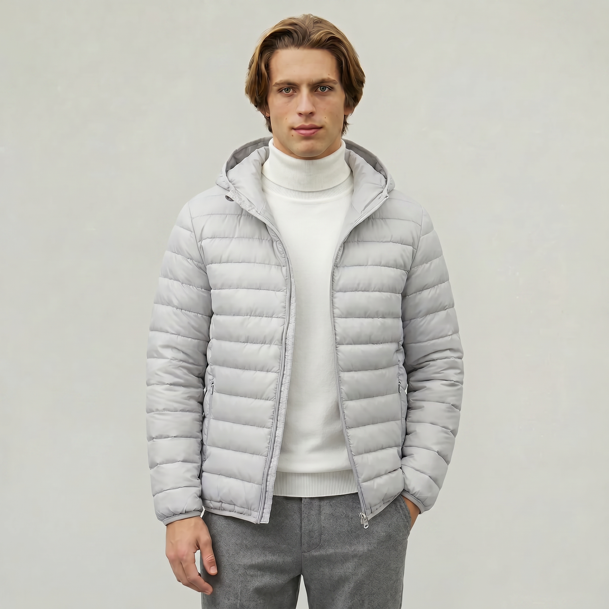 Men’s Hooded Puffer Jacket - Full Zip Lightweight Fit