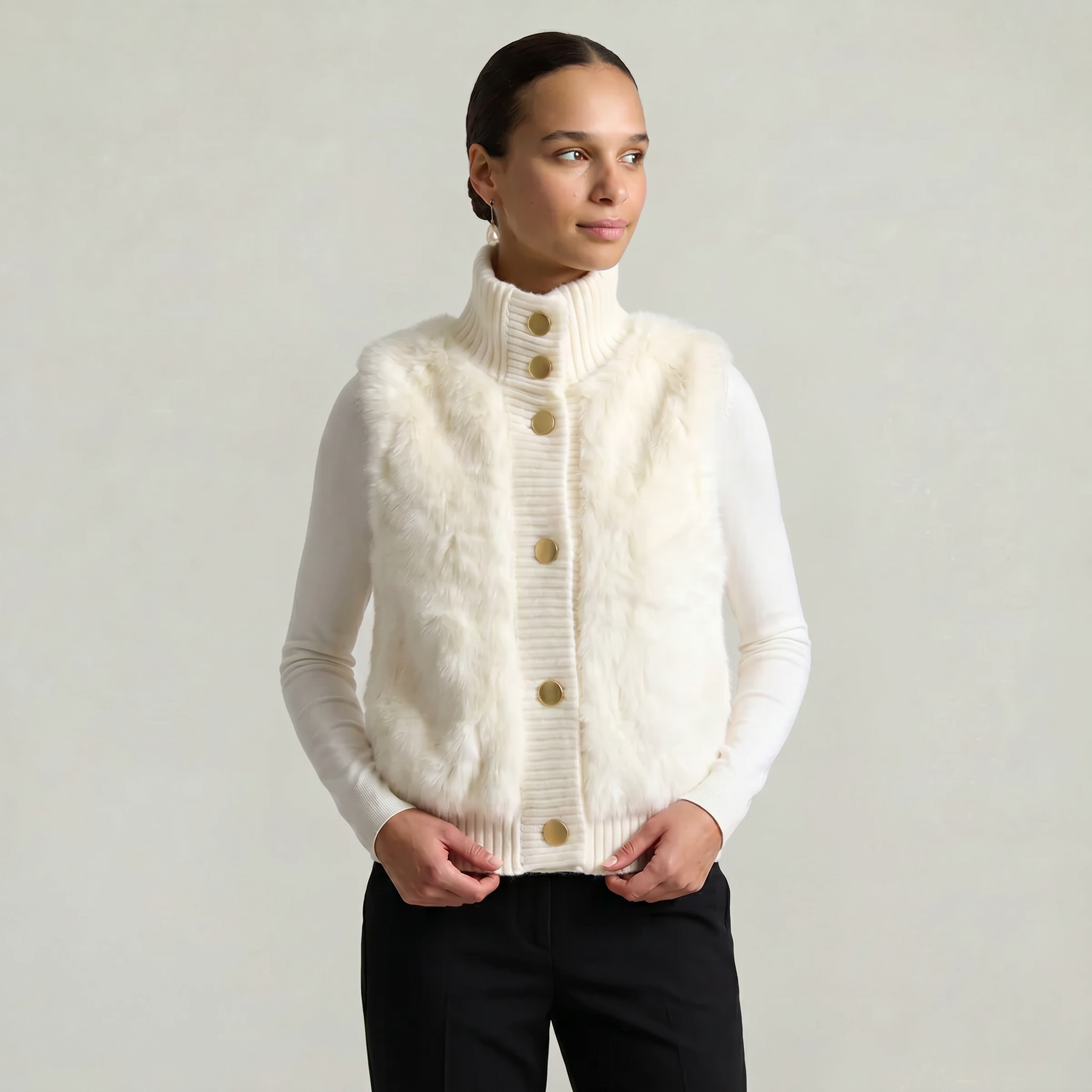 Women’s Faux Fur Vest - Button Front High Neck Fit