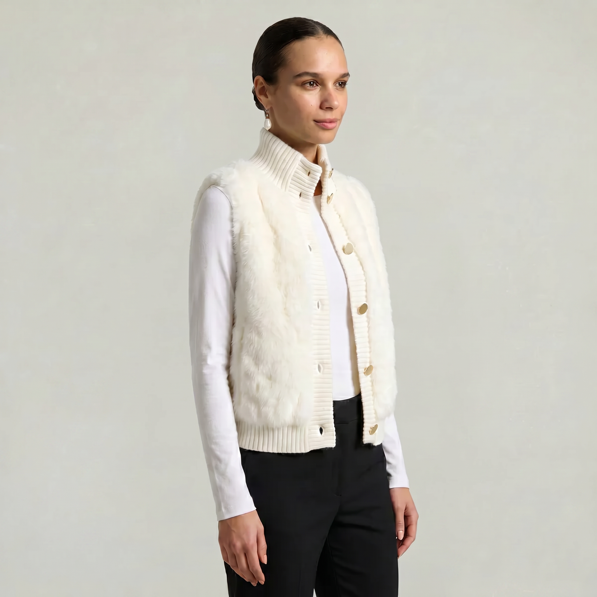 Women’s Faux Fur Vest - Button Front High Neck Fit
