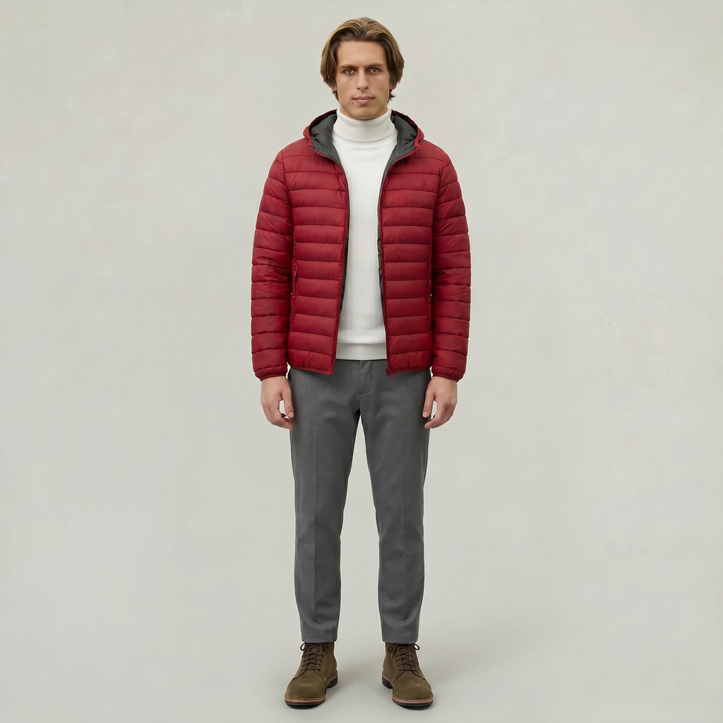 Men’s Hooded Puffer Jacket - Full Zip Lightweight Fit