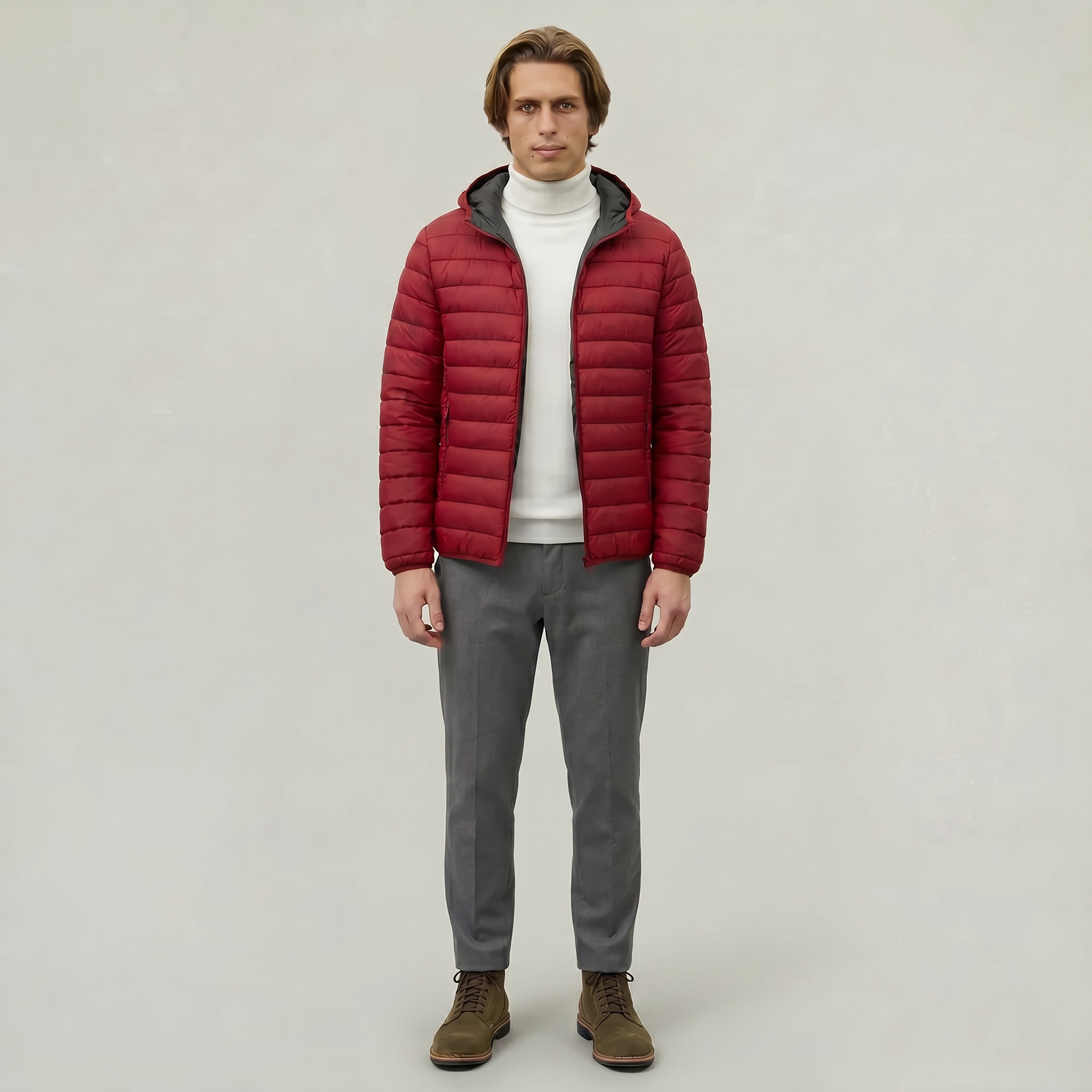 Men’s Hooded Puffer Jacket - Full Zip Lightweight Fit