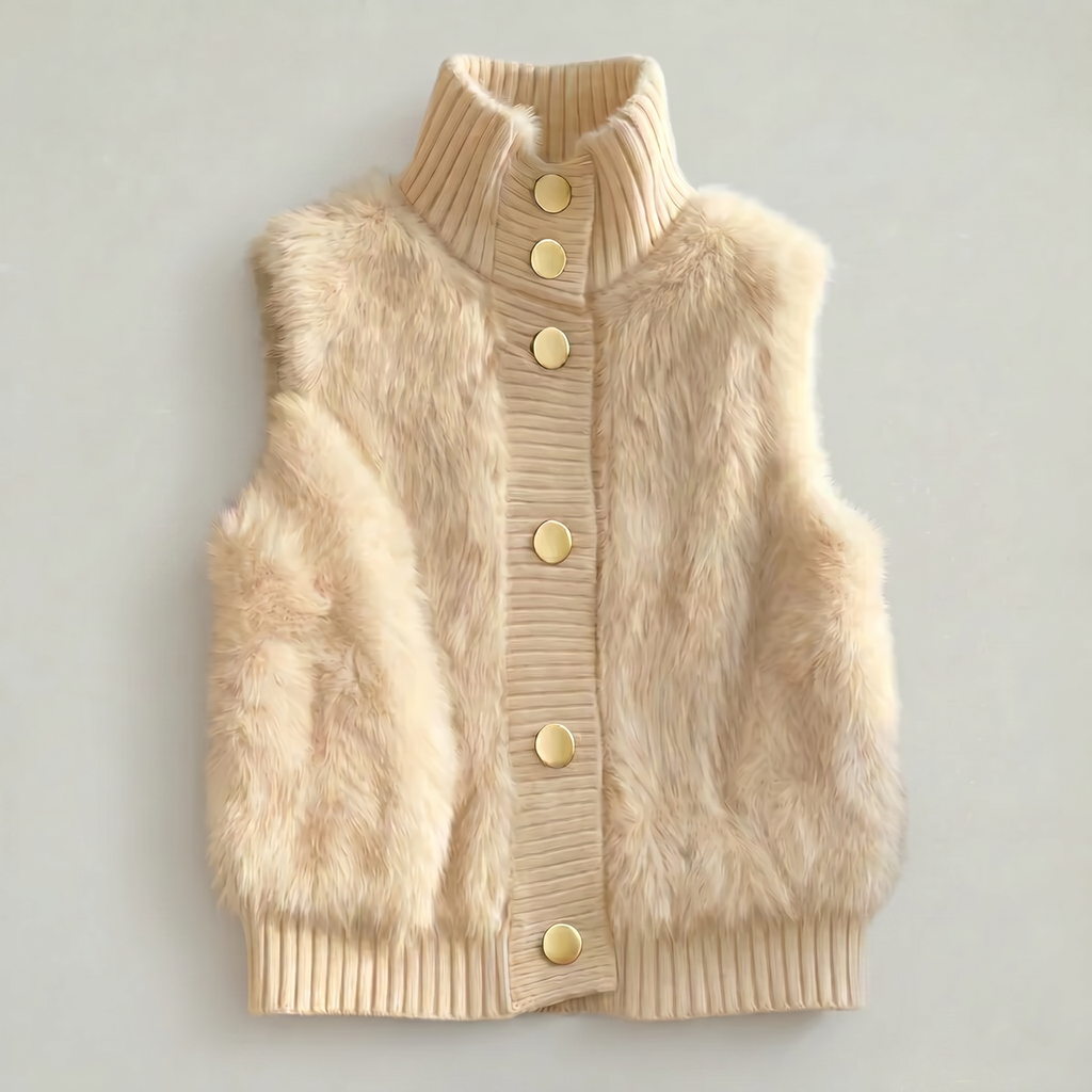Women’s Faux Fur Vest - Button Front High Neck Fit