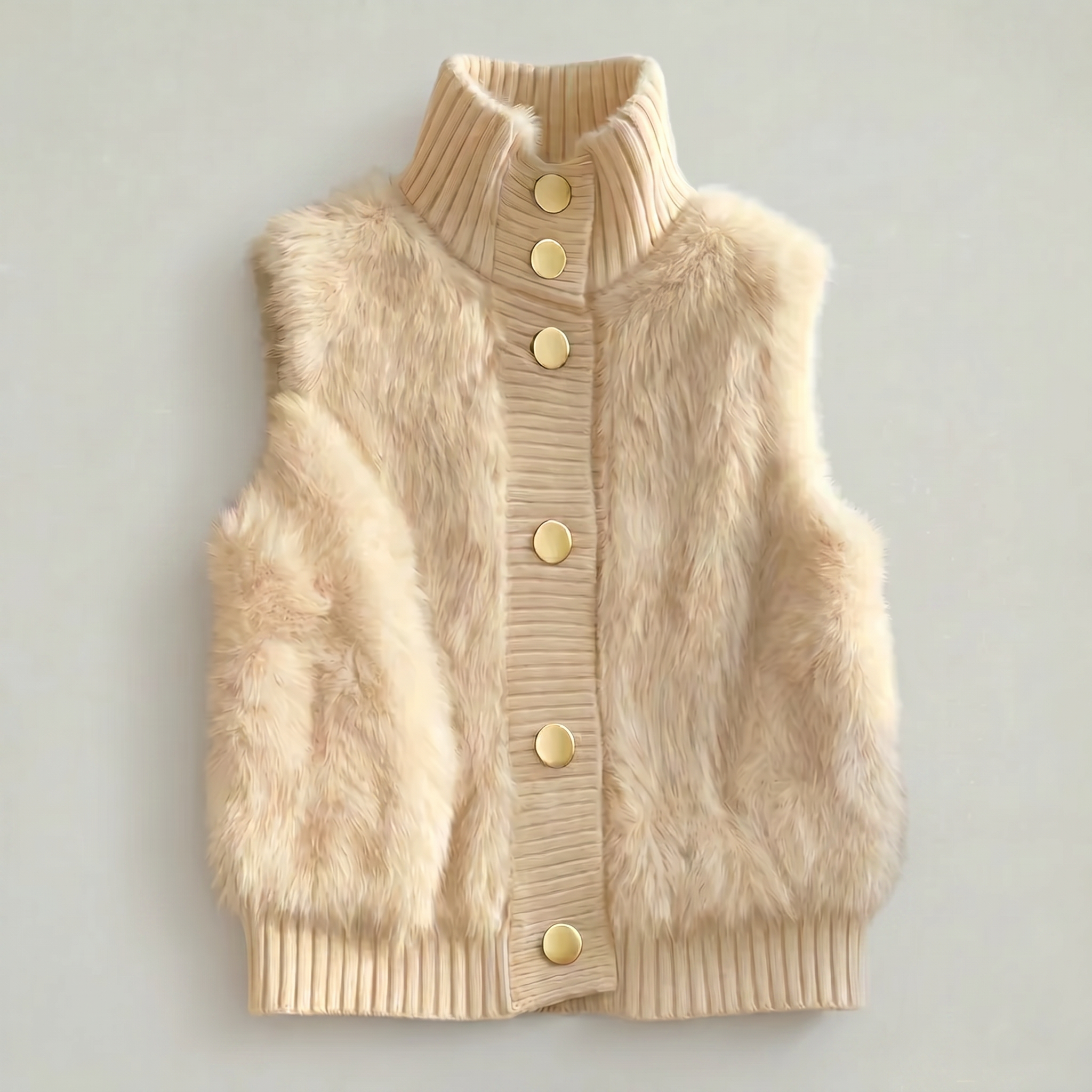 Women’s Faux Fur Vest - Button Front High Neck Fit