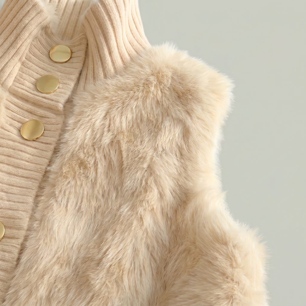 Women’s Faux Fur Vest - Button Front High Neck Fit