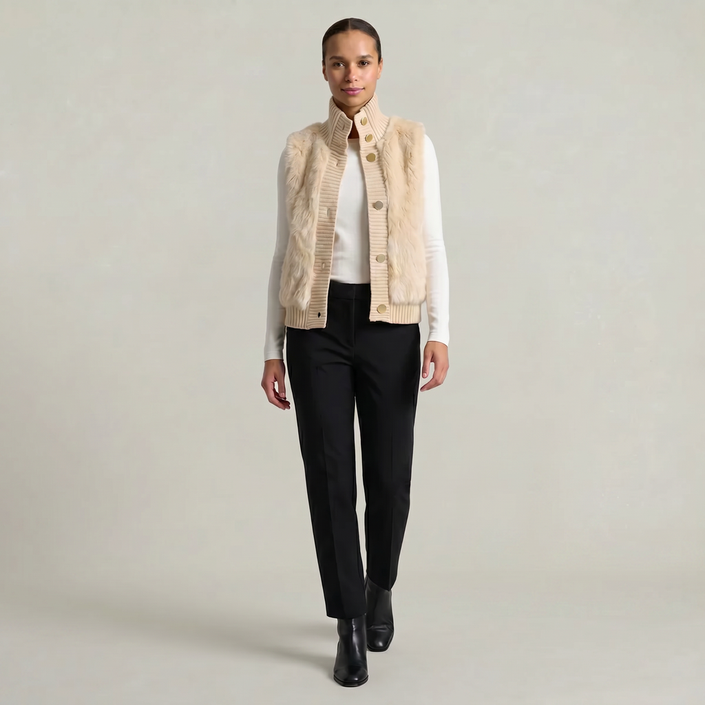 Women’s Faux Fur Vest - Button Front High Neck Fit
