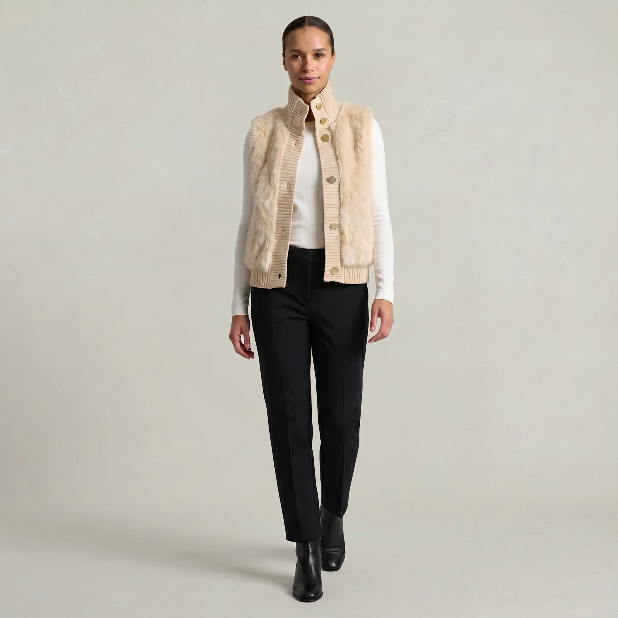 Women’s Faux Fur Vest - Button Front High Neck Fit