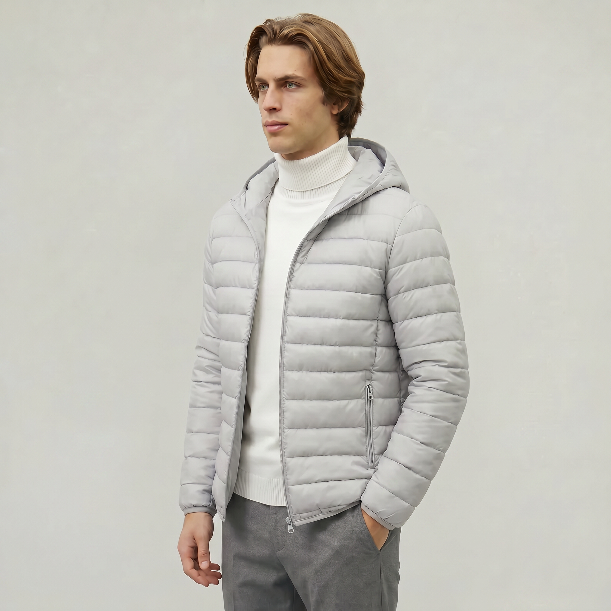 Men’s Hooded Puffer Jacket - Full Zip Lightweight Fit