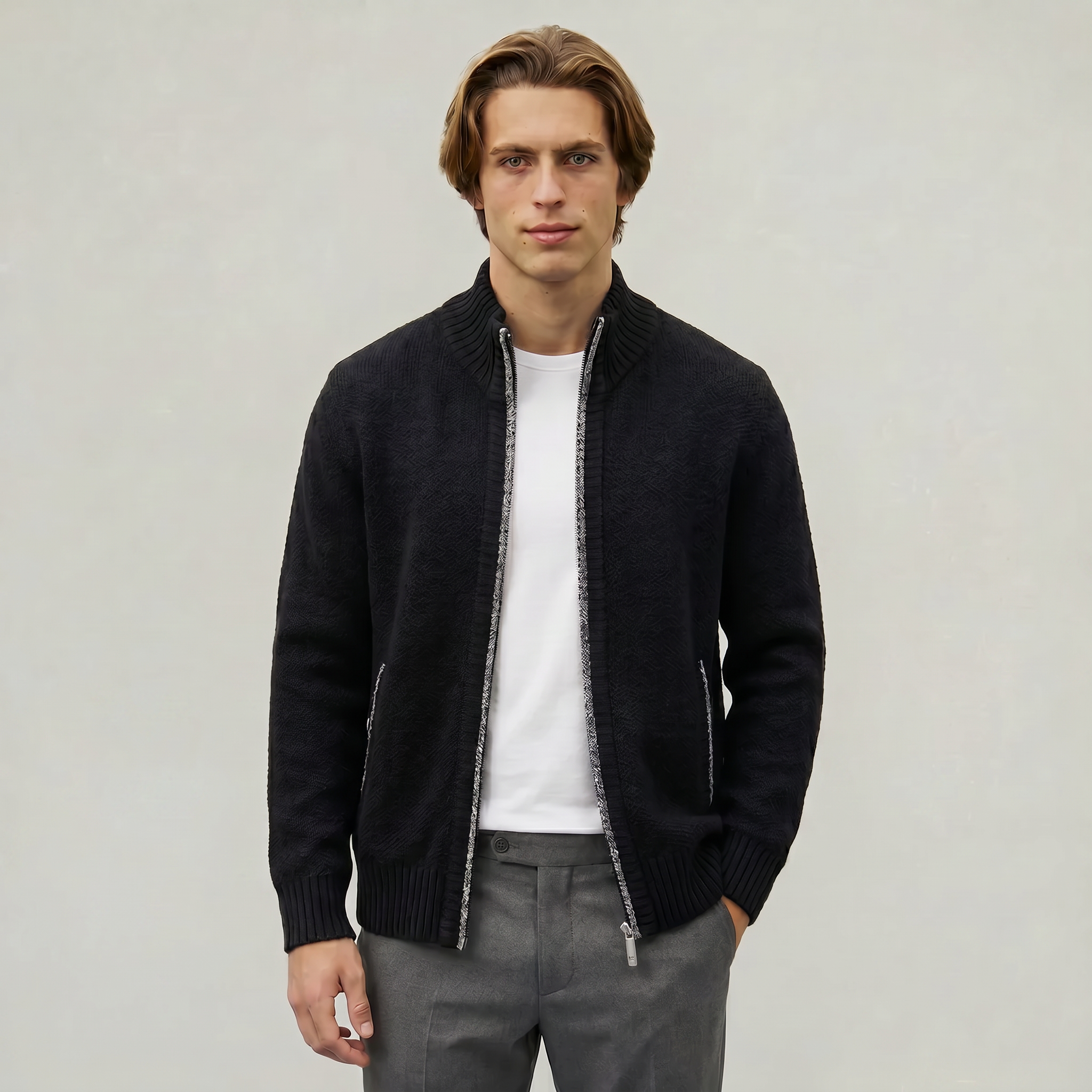 Men’s Full Zip Jacket- Stand Collar Long Sleeve Regular Fit