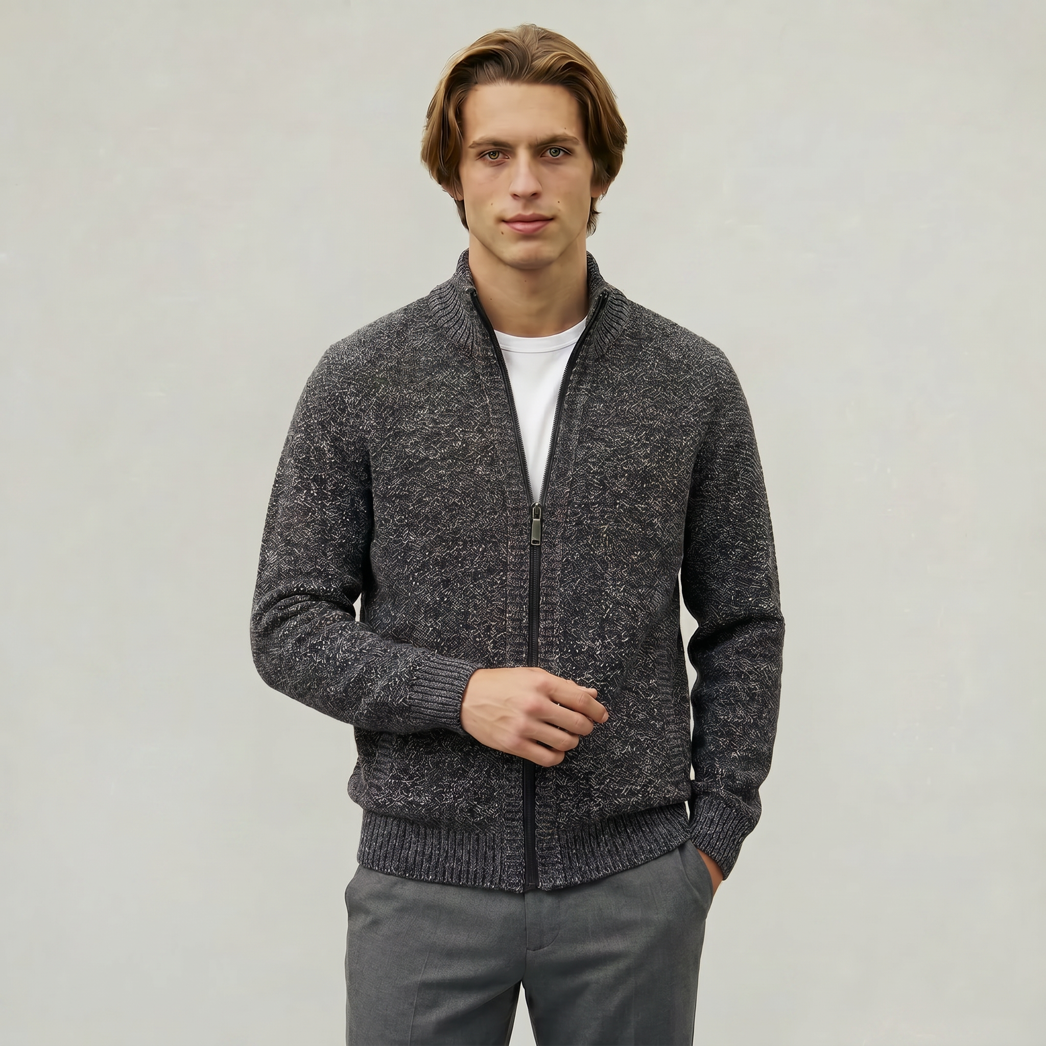 Men’s Full Zip Jacket- Stand Collar Long Sleeve Regular Fit