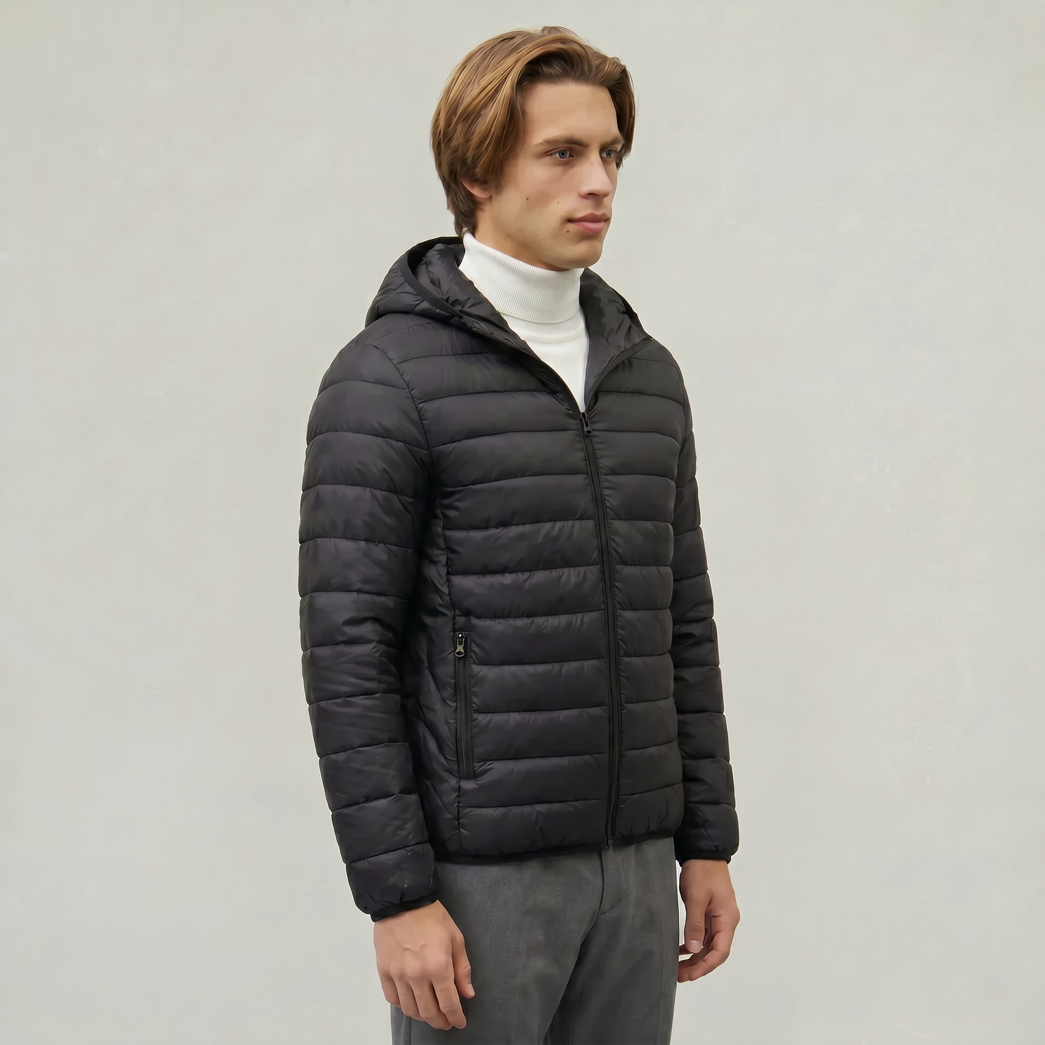 Men’s Hooded Puffer Jacket - Full Zip Lightweight Fit