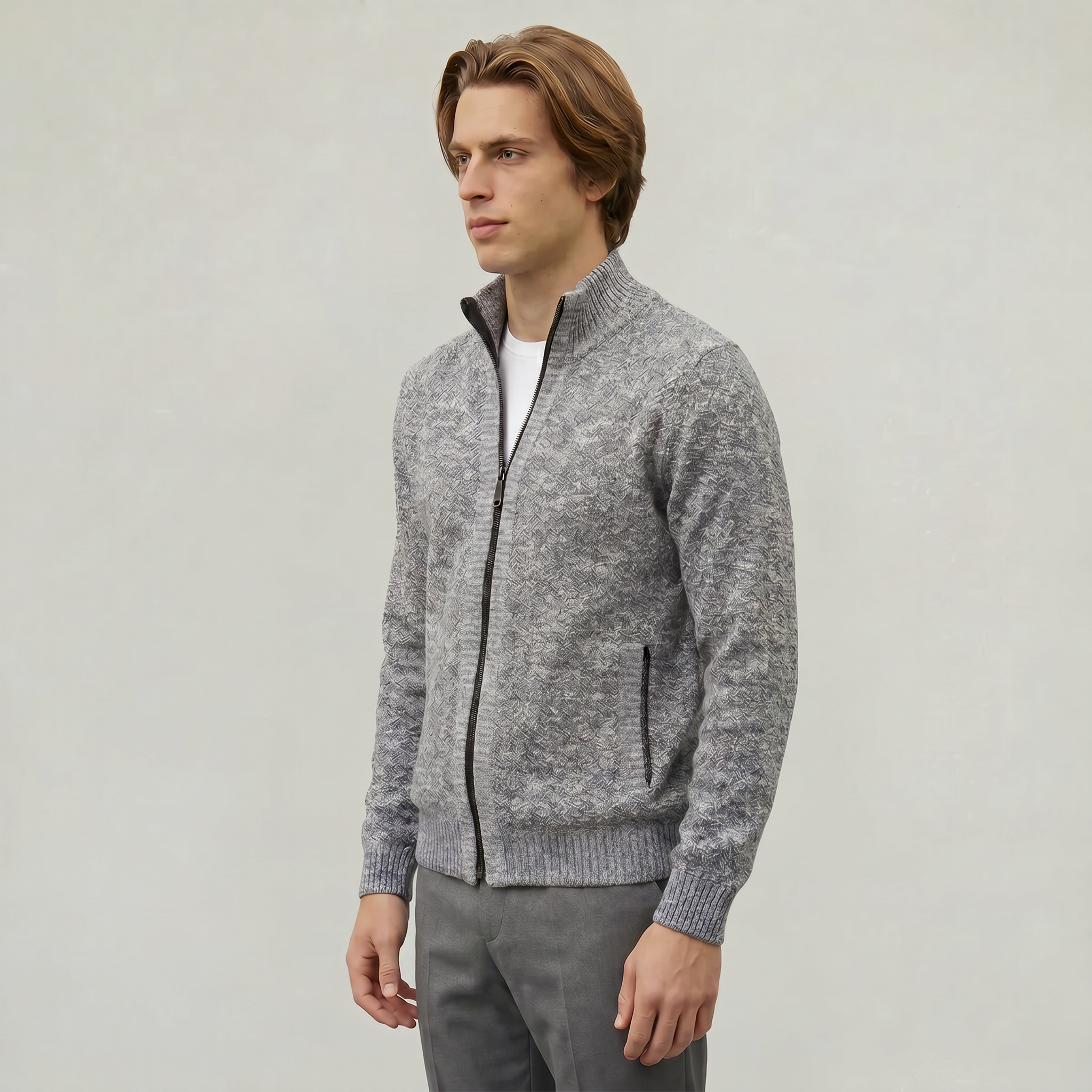 Men’s Full Zip Jacket- Stand Collar Long Sleeve Regular Fit