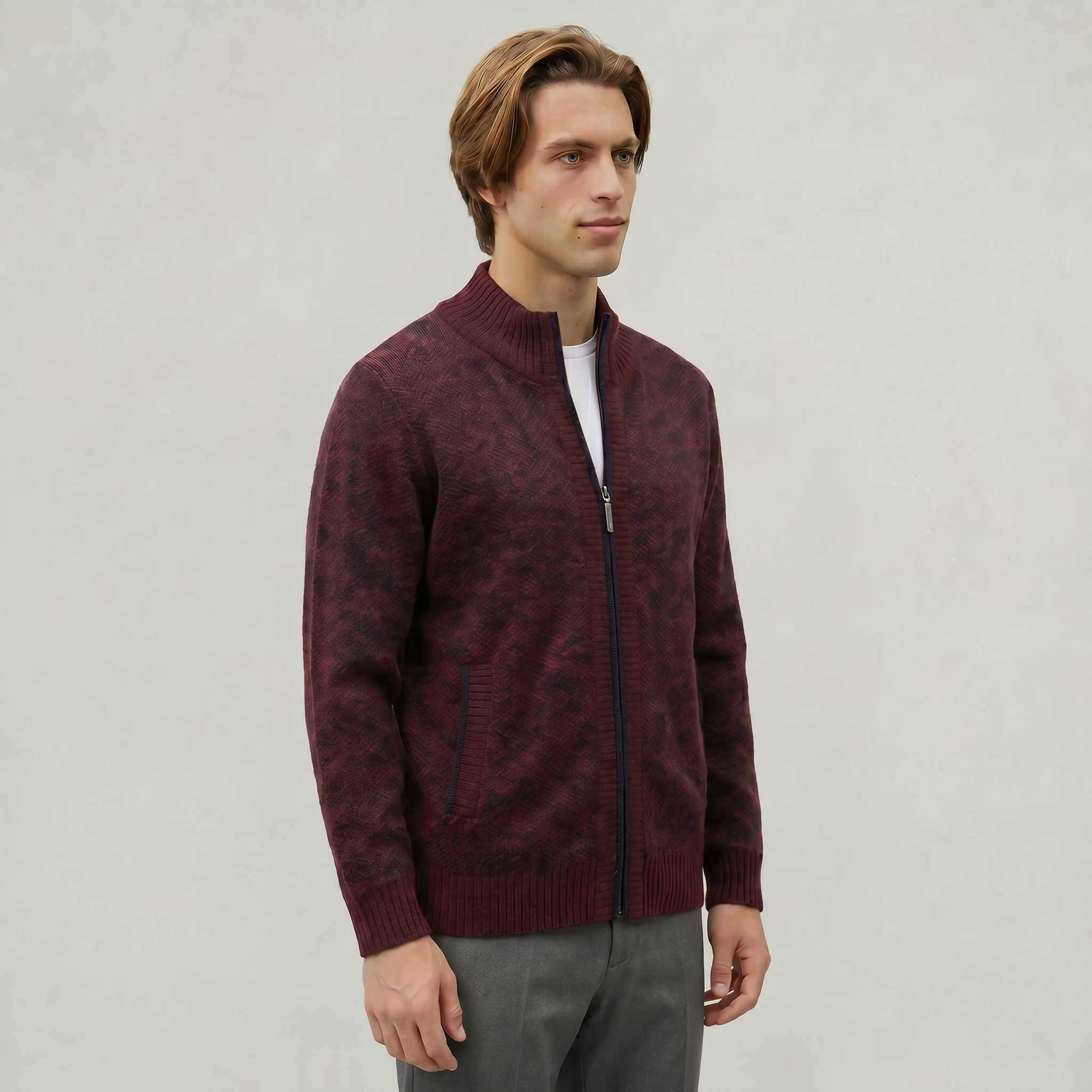 Men’s Full Zip Jacket- Stand Collar Long Sleeve Regular Fit