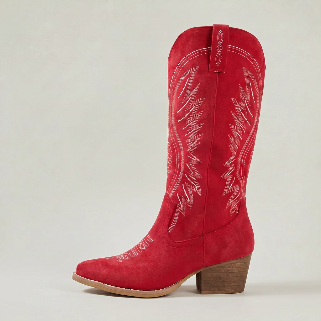 Women’s Western Knee High Boots - Embroidered Block Heel Fit