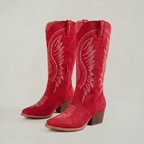 Women’s Western Knee High Boots - Embroidered Block Heel Fit