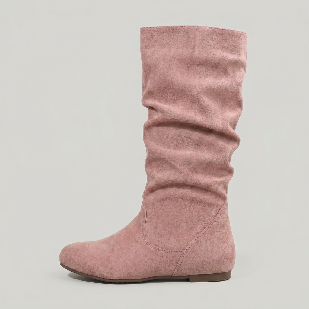 Women’s Mid-Calf Flat Boots - Pull-On Round Toe Flat Heel Fit