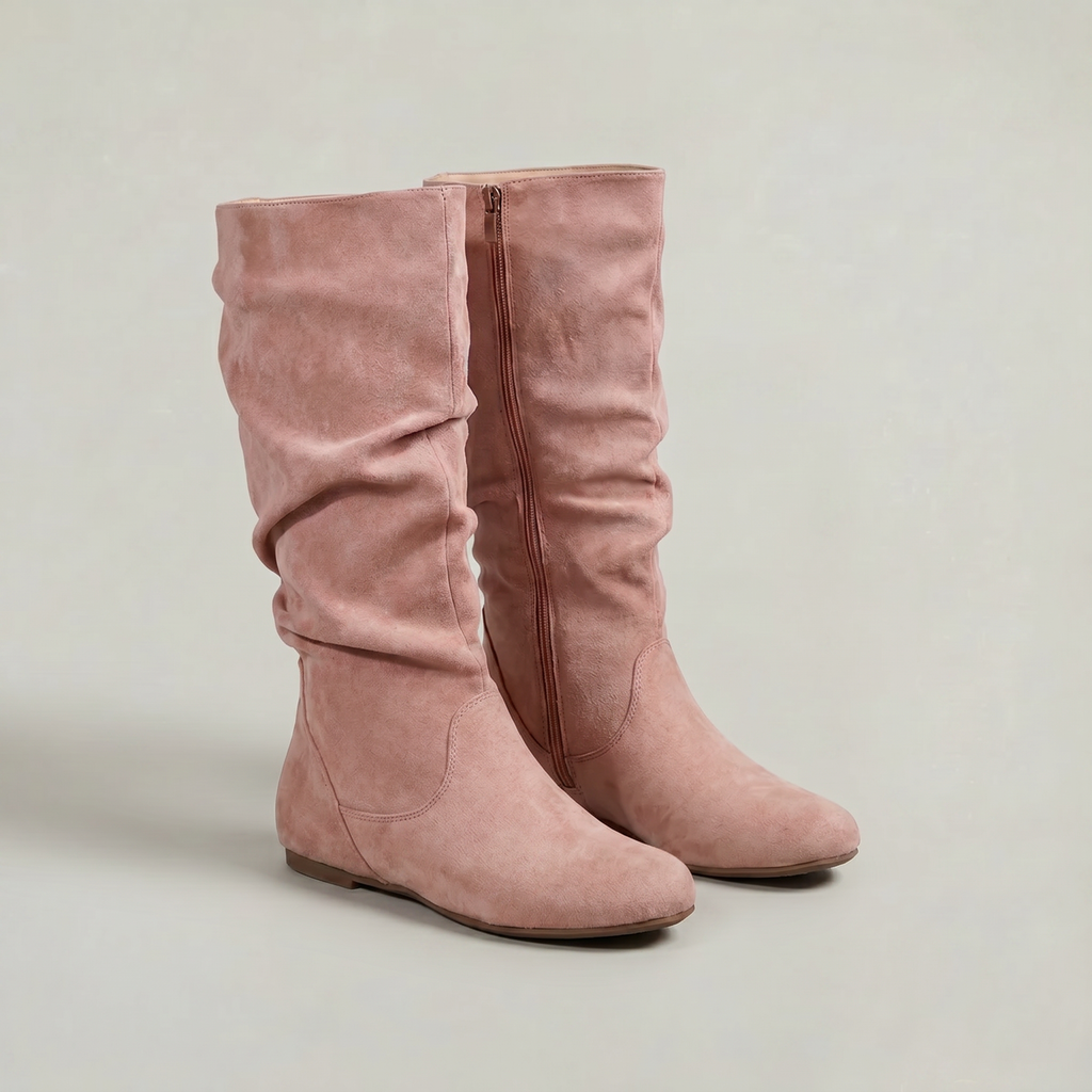 Women’s Mid-Calf Flat Boots - Pull-On Round Toe Flat Heel Fit