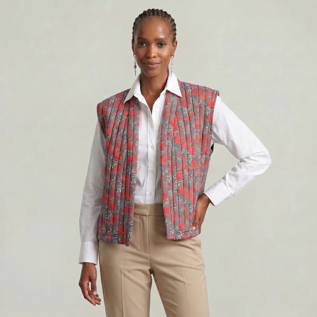Women’s Quilted Floral Vest - Open Front Relaxed Fit