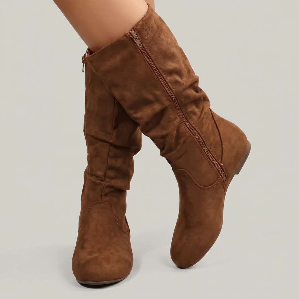 Women’s Mid-Calf Flat Boots - Pull-On Round Toe Flat Heel Fit