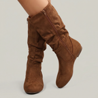 Women’s Mid-Calf Flat Boots - Pull-On Round Toe Flat Heel Fit