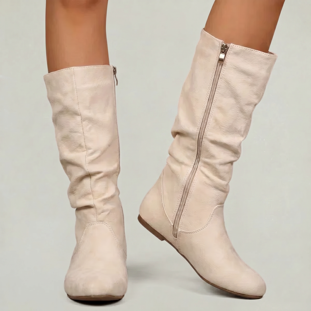 Women’s Mid-Calf Flat Boots - Pull-On Round Toe Flat Heel Fit