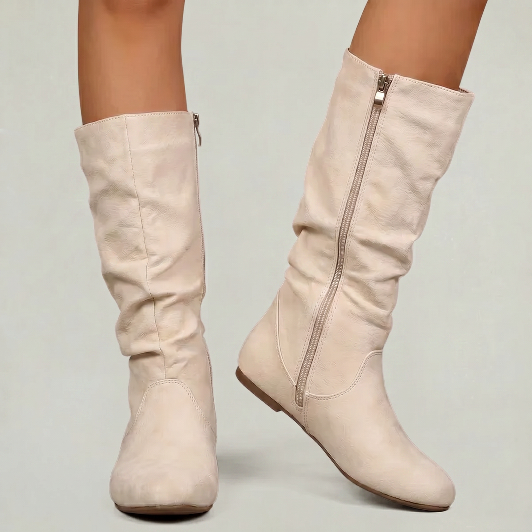 Women’s Mid-Calf Flat Boots - Pull-On Round Toe Flat Heel Fit