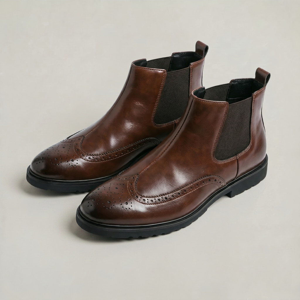 Men's Brogue Chelsea Boots - Wingtip Slip-On Ankle Boots Smart Casual Winter