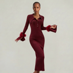 Women’s Ribbed Knit Maxi Dress - Flared Sleeve Collar Plain