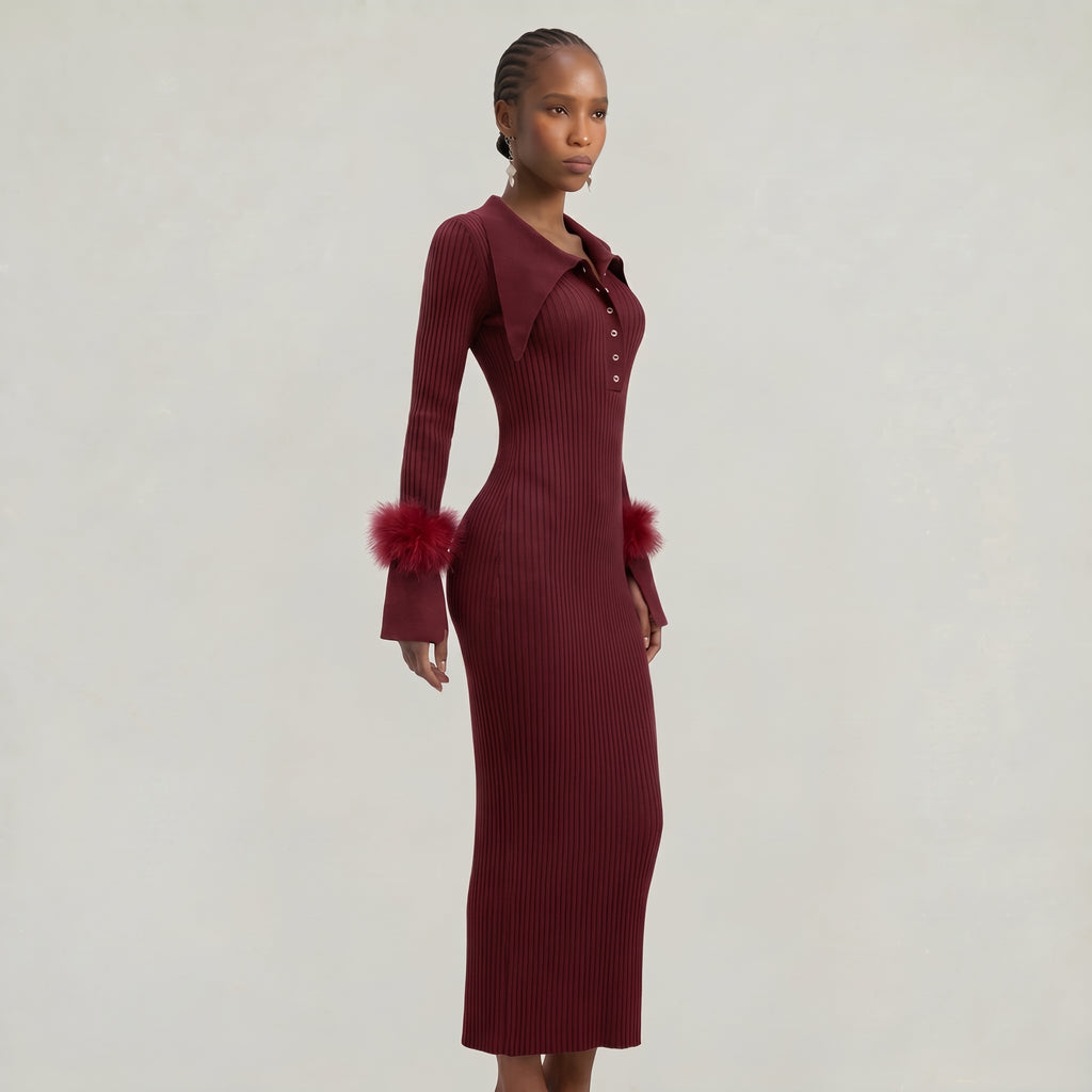 Women’s Ribbed Knit Maxi Dress - Flared Sleeve Collar Plain