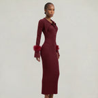 Women’s Ribbed Knit Maxi Dress - Flared Sleeve Collar Plain