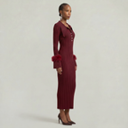 Women’s Ribbed Knit Maxi Dress - Flared Sleeve Collar Plain