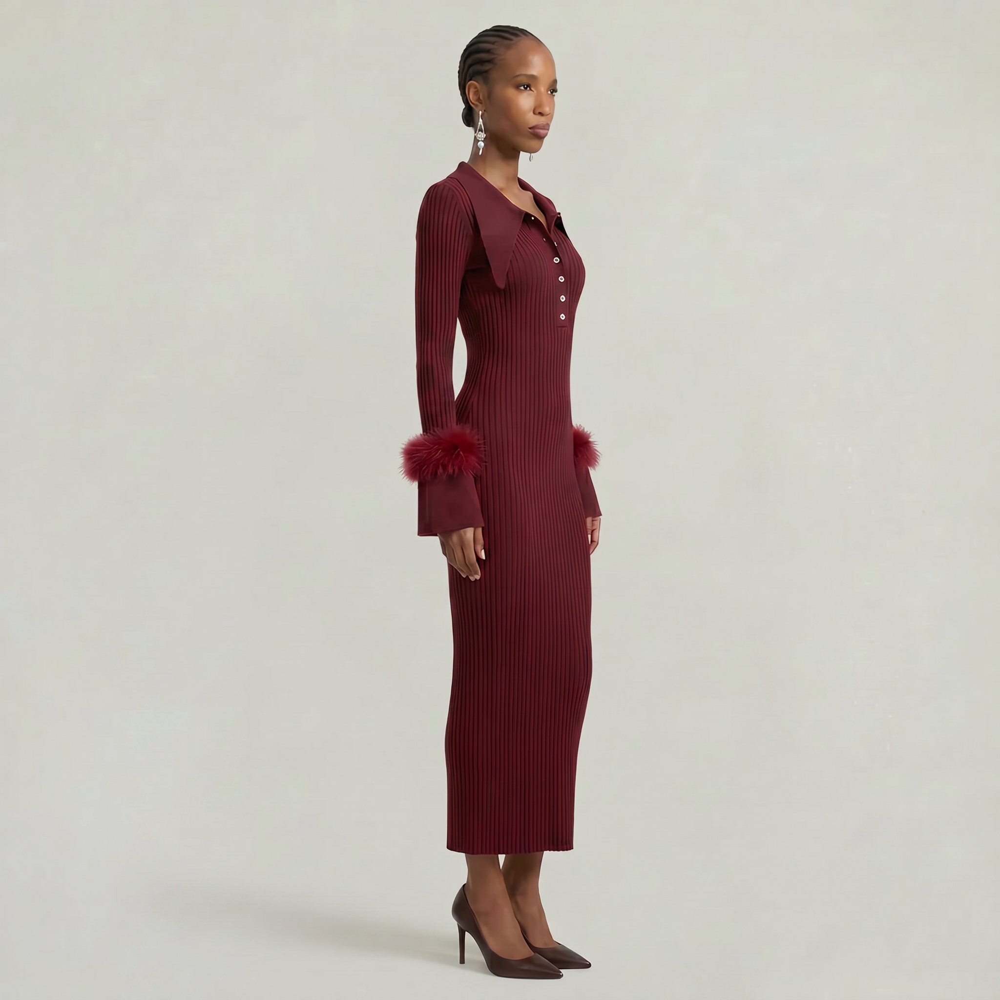 Women’s Ribbed Knit Maxi Dress - Flared Sleeve Collar Plain