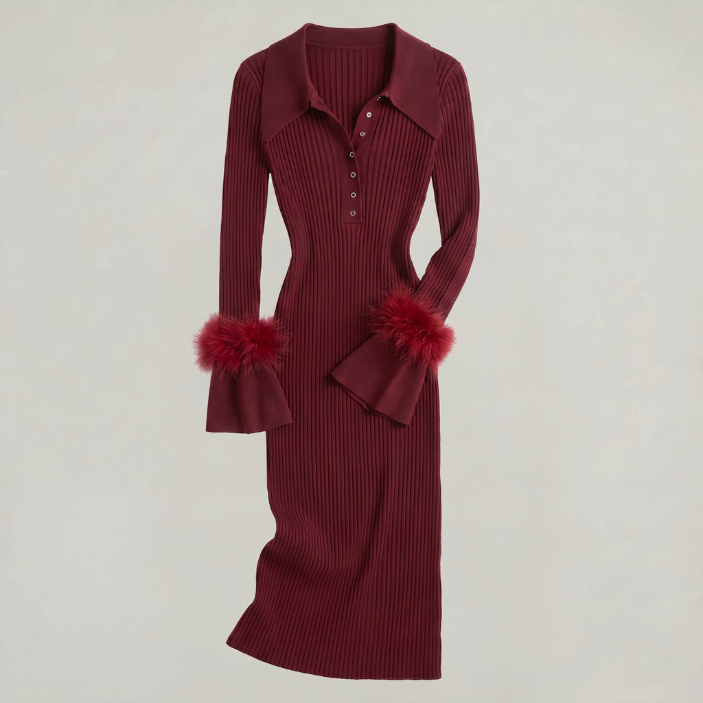 Women’s Ribbed Knit Maxi Dress - Flared Sleeve Collar Plain